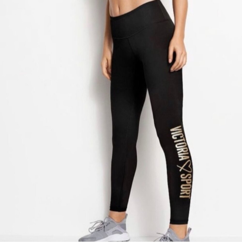 Victorias Secret Sport Knockout Leggings Black Gold Glitter Logo Womens Small